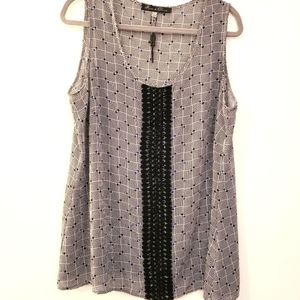 Rose & Olive Sleeveless Top, white/blue/black with Crochet Accent, Size 1X